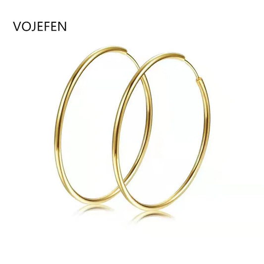 VOJEFEN 18k Pure Gold Jewelry Earrings Hoops Round Shape Piercing Women's Accessories Luxury Fine Modern Earings Jewellery Gifts