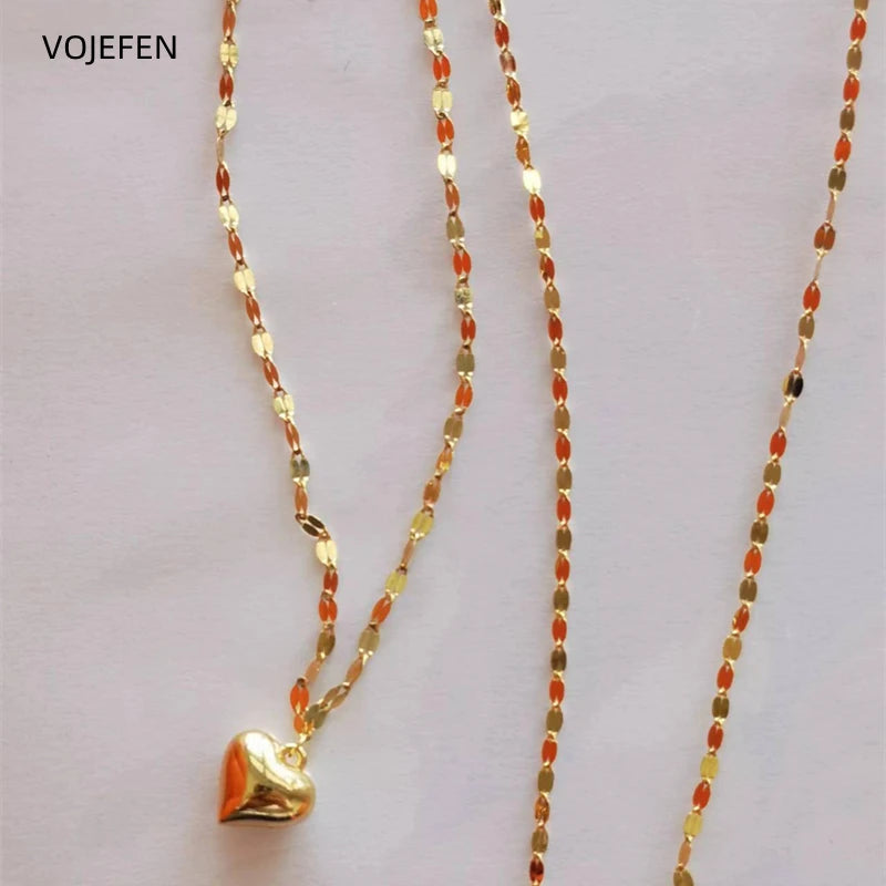VOJEFEN Women Necklace Heart Pendant And High Quality Fine 18K Gold True Pure Elegant Necklaces Girl Jewelry Neck Chains Jewlery