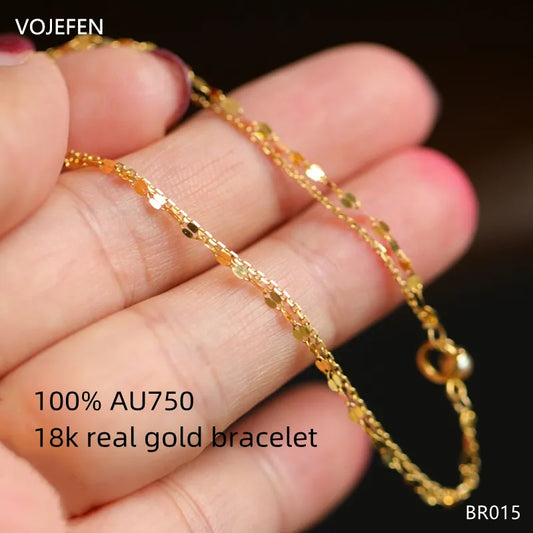 VOJEFEN 18K Pure Gold Bracelet Dainty Layered Chain Simple Cute Pearl Bracelets for Girl Women Beautiful Jewel Holiday Gift New BR015