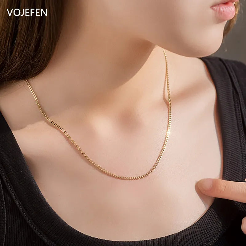 VOJEFEN 18K Gold Necklaces Jewellery Real Gold Link Flat Jewelry Trend Luxury Cuban Neck Chains for Male Female Fashion Chokers NE008