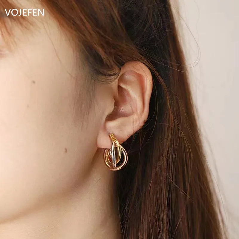 VOJEFEN 18k Gold Hoops Earrings For Women Luxury Fashion Jewelry Tricolor Round Earings Piercing Ear Trend 2024 New Korean Style EA004