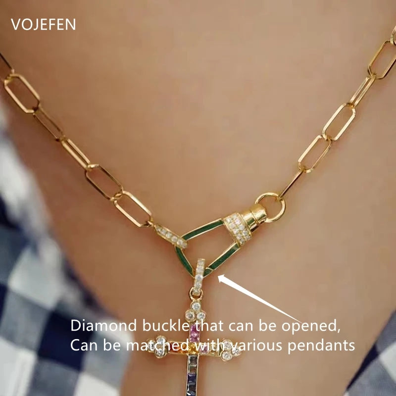 VOJEFEN 18K Pendant Necklace Mini Diamond AU750 Real Gold Link Choker Jewelry for Women Handmade/Cross Chains Luxury Jewellery NE013