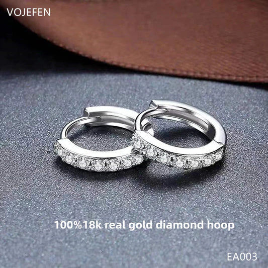 VOJEFEN 18K Gold Hoops Original Pure Diamond Ring Earrings Fashion Small Earings Women / Men Teen High Quality Fine Jewelry 2024 No. EA003