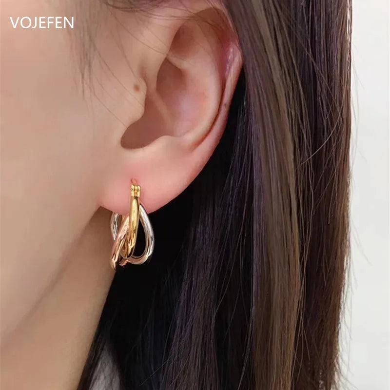 VOJEFEN 18k Gold Hoops Earrings For Women Luxury Fashion Jewelry Tricolor Round Earings Piercing Ear Trend 2024 New Korean Style EA004