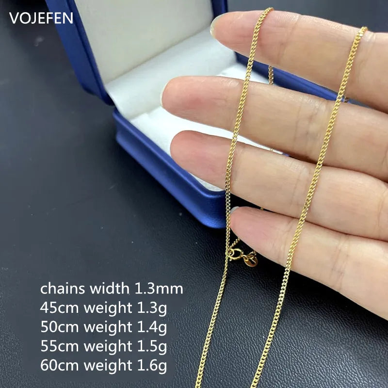 VOJEFEN 18K Gold Necklaces Jewellery Real Gold Link Flat Jewelry Trend Luxury Cuban Neck Chains for Male Female Fashion Chokers NE008