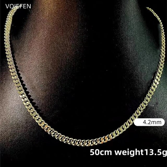 VOJEFEN 18K Gold Cuban Necklace /Bracelet Jewelry For Women/Men Fashion AU750 Pure Gold 4.2MM Chain Neck Luxury Quality Choker Jewel NE009