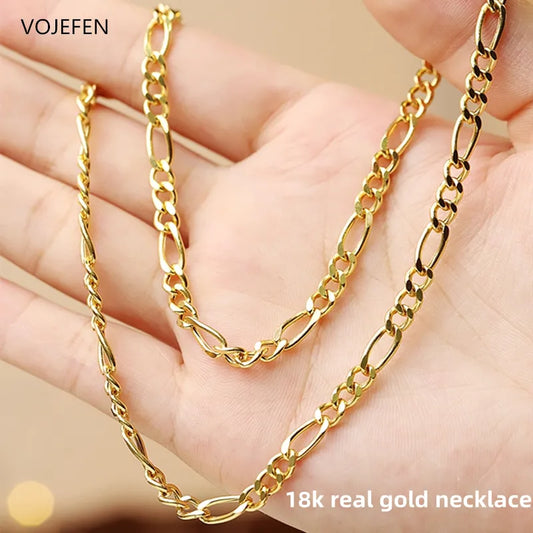 VOJEFEN Original 18k Real Gold Chains Jewelry Figaro Necklaces for Women / Men 3MM Width Link Neck Choker Luxury Quality Jewel