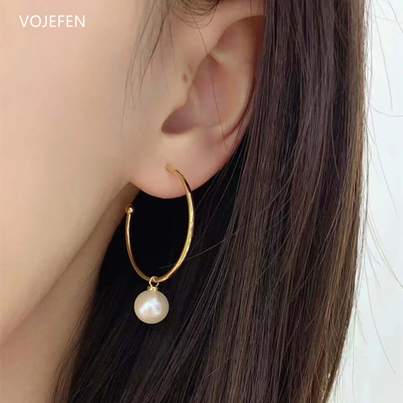 VOJEFEN Original Gold Earrings Hoops AU750 For Women 3CM Rounds Rings Luxury Goods Fashion Jewelry Removed Pearl Earings 2024 EA011