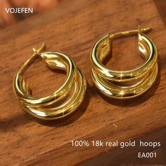 VOJEFEN 18 K Pure Gold Hoops Earrings Trend 2024 Thickened New In Drop Earring And Pendant Dainty Luxury Brand Jewelry Ladies EA001