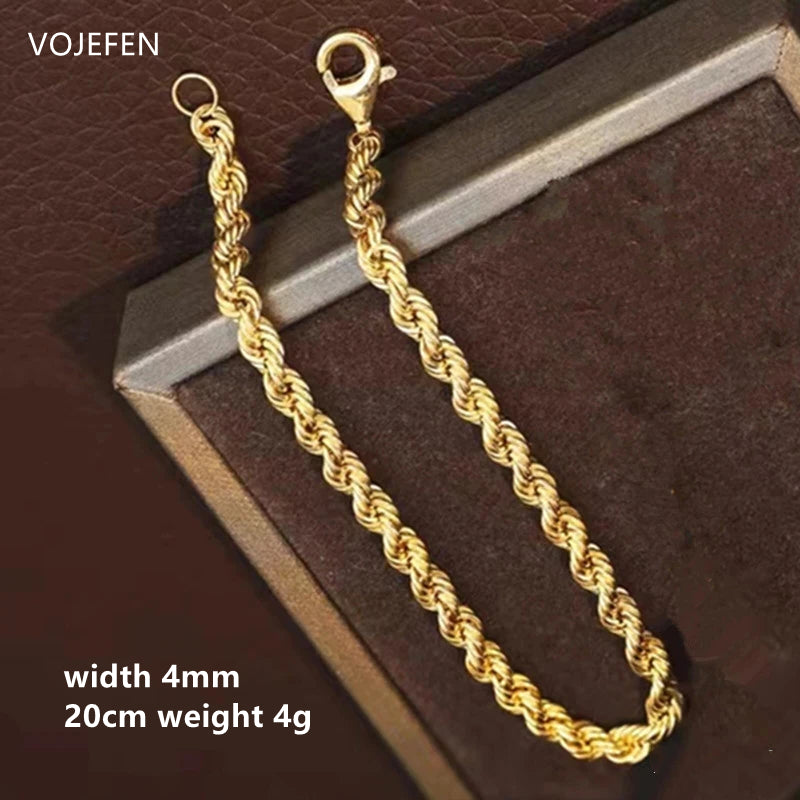 VOJEFEN 18K Gold Original Pure Bracelets Jewelry Shiny Golden Rope Chains Women's Wrist Bracelet Man Luxury Fashion High Quality BR002